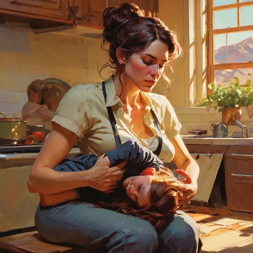 girl in the kitchen,breastfeeding,girl with dog,breast-feeding,girl with bread-and-butter,cat mom,woman holding pie,motherhood,domestic chicken,capricorn mother and child,domestic life,domestic bird,girl with cereal bowl,little girl and mother,domestic,croft,lactation,oil painting,milkmaid,painting easter egg,Conceptual Art,Fantasy,Fantasy 18