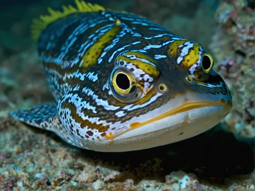 A close-up of a Banded Toadfish (Halophryne diemensis) observed on a night dive.  A rare species..Kri Island vicinity.,striped burrfish,trunkfish,green pufferfish,triggerfish-clown,miniatus grouper,bl