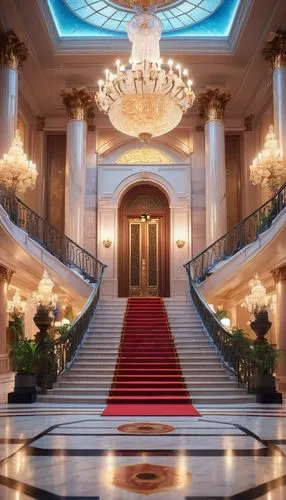 Grand, luxurious villa, ornate entrance gate, intricately carved wooden door, bronze door handles, majestic stone columns, symmetrical facade, grand staircase, red carpet, marble flooring, high ceilin