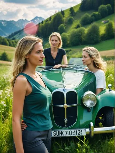 German politician Alice Weidel dominates the action. She drives through a green Swiss meadow landscape with her pretty female partner in a valuable vintage car whose dark green paintwork reflects the 