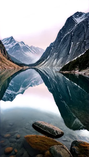 Mountain range, serene lake, majestic scenery, rocky cliffs, snow-capped peaks, still water reflection, misty atmosphere, morning fog, soft warm light, panoramic view, ultra-wide-angle lens, cinematic