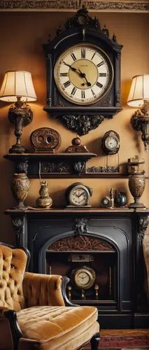 grandfather clock,antiquorum,antique furniture,antique background,old clock,antiqued,victorian room,overmantel,interior decor,furnishings,chimneypiece,ornate room,antiques,humidor,wall clock,antique style,furnishing,woodwork,fireplace,horology,Illustration,Black and White,Black and White 15