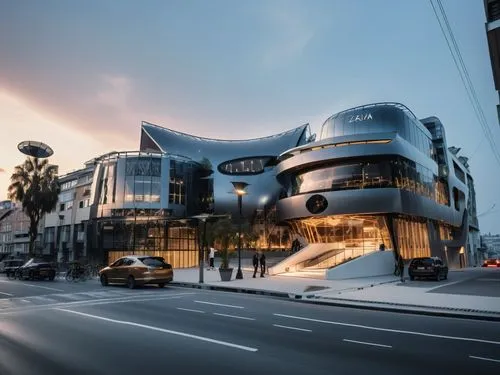 REMODELACION DE UNA PLAZA COMERCIAL, CON ARQUITECTURA NOVEDOSA,this is an image of several cars parked in front of a building,mercedes-benz museum,futuristic art museum,futuristic architecture,morphos