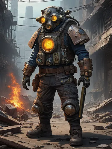 In a post-apocalyptic world, an anime gear guru uses their expertise to help survivors rebuild and defend against monsters.,steampunk,fallout4,fallout,welder,steelworker,combat medic,mercenary,respira