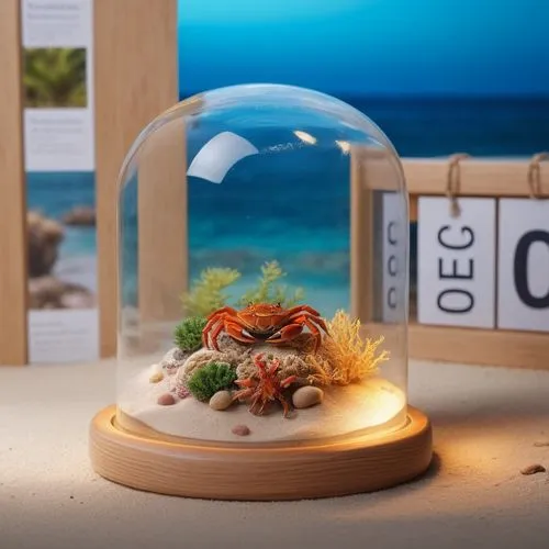 真实的微型景观，礁石，螃蟹，沙滩，玻璃罩，,a table with a small coral and seaweed under a clochet,sand clock,lensball,ecosphere,snow globes,marimo,cube sea,Photography,General,Commercial