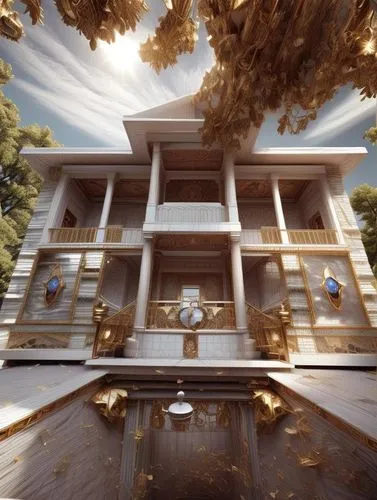 the golden pavilion,crown render,3d rendering,golden pavilion,model house,render,wooden house,timber house,treasure house,gold stucco frame,wooden facade,beautiful home,dandelion hall,3d render,gold castle,mansion,two story house,villa,digital compositing,white temple