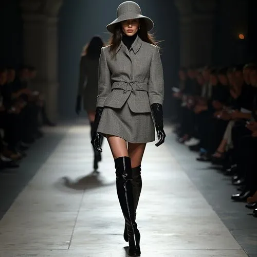 a suggestive model with pronounced and delicate features walks crossing her legs on a catwalk of a fashion show signed "Dolce&Gabbana".
the classic and refined outfit, a master class of the italian el