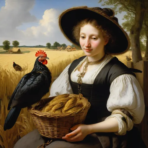 girl with bread-and-butter,woman holding pie,cockerel,dutch landscape,blackbirds,domestic bird,flemish,falconry,falconer,bougereau,bird food,portrait of a hen,crow queen,ornithology,bird feeding,corvidae,pheasant,bouguereau,breadbasket,girl with dog,Art,Classical Oil Painting,Classical Oil Painting 06