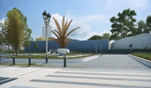 An Architectural rendering of A street with sculptural park to the right,3d rendering of city street with street lamps and benches,k13 submarine memorial park,argonne,googleplex,baitul,futuh,saclay,Ph