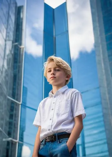 Autistic boy, 12yo, blonde hair, blue eyes, calm facial expression, wearing a white shirt, blue jeans, sneakers, standing in front of a futuristic skyscraper, modern architecture, sleek lines, glass w