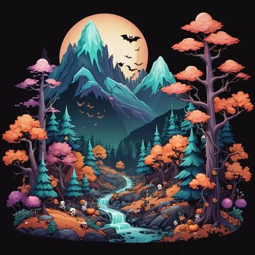 halloween background,autumn mountains,mushroom landscape,autumn theme,halloween wallpaper,autumn background,Illustration,Abstract Fantasy,Abstract Fantasy 11