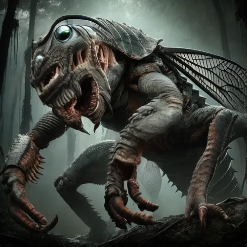 Wings beating slowly. Arms moving slowly. Jaw moving.,a creepy creature with huge eyes is seen in the night,neomordellistena,xenomorph,rancor,gopendra,tyrangiel,raphanus