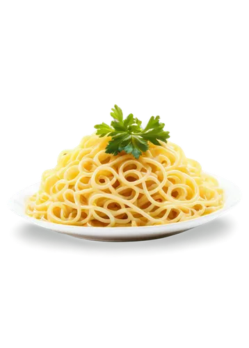 Long, curly spaghetti, transparent body, white sauce droplets, scattered parsley, delicate steam rising, warm soft lighting, close-up shot, shallow depth of field, vibrant color tone, cinematic compos