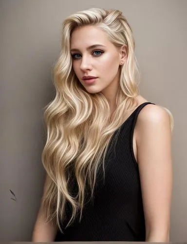 a portrait half body of a beautiful caucasian girl 27 years old blonde hair in a black dress in the street of New York as background ,long blonde hair,cool blonde,blonde woman,blonde,blonde girl,femal