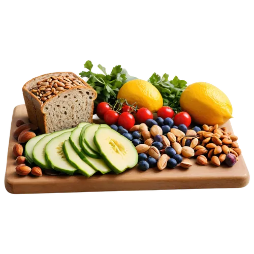 Healthy food photography, colorful fruits, vibrant vegetables, whole grain bread, assorted nuts, fresh herbs, elegant table setting, natural light, shallow depth of field, warm color tone, 3/4 composi