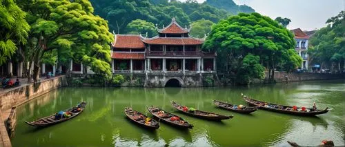 Hanoi architecture, French colonial style, grandiose buildings, intricately carved wooden doors, ornate balconies, red-tiled roofs, vibrant greenery surrounding, lush tropical plants, ancient trees wi