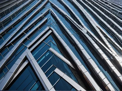 Modern building, advanced architectural grille, intricate metalwork, geometric patterns, silver color, reflective surface, urban landscape, cityscape, skyscraper, glass windows, steel frames, minimali