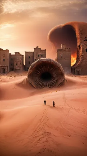 "In the movie Dune, desert scene, two people stand in front of a giant sandworm, with abandoned damaged buildings in the distance.",libyan desert,capture desert,sossusvlei,merzouga,alien planet,desert