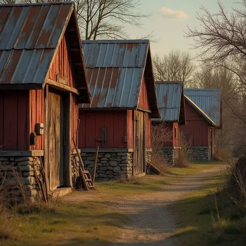 Rustic barns, distressed wood textures, weathered metal roofs, vintage agricultural tools, earthy tones, natural stone foundations, wooden beams, exposed brick walls, rough-hewn wooden planks, corruga