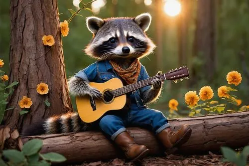 Raccoon, sitting, playing acoustic guitar, forest, sunset, warm lighting, detailed fur, cute face, bandana, denim overalls, brown boots, surrounded by trees, vines, flowers, wooden logs, relaxed atmos