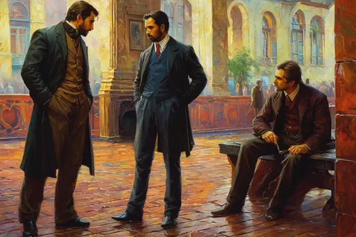 men sitting,shoemaker,businessmen,shoeshine boy,lev lagorio,conversation,abraham lincoln,oil painting,cordwainer,preachers,theoretician physician,contemporary witnesses,italian painter,wright brothers,oil painting on canvas,lincoln,tailor,oxford shoe,business men,overcoat,Art,Classical Oil Painting,Classical Oil Painting 18