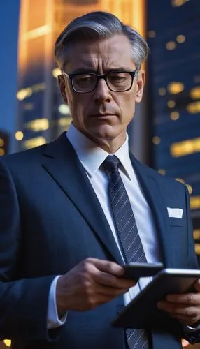 Modern mature man, architect, technologist, bespectacled, short hair, formal attire, white shirt, black tie, dark grey suit, holding tablet, standing, modern building, skyscraper, cityscape, evening t