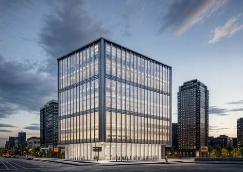 11floor office building, Double skin, louver facade, white light inside, concrete structure inside, night illusion, facing the road, downtown, mir render,glass facade,glass building,glass facades,offi