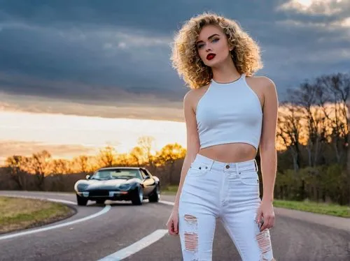 Alexuss Mariee, beautiful young lady, solo, (18yo), stunning blue eyes, light freckles, curly blonde hair, elegant nose ring, red lipstick, white crop top, ripped high-waisted skinny jeans, black stil