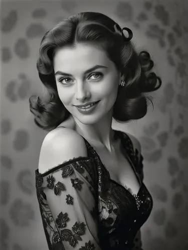 B&W: Female smiling into the camera,a lady posing for the camera wearing a black dress,vintage woman,aishwarya,preity,vintage female portrait,vintage girl,jane russell-female,Photography,Black and whi