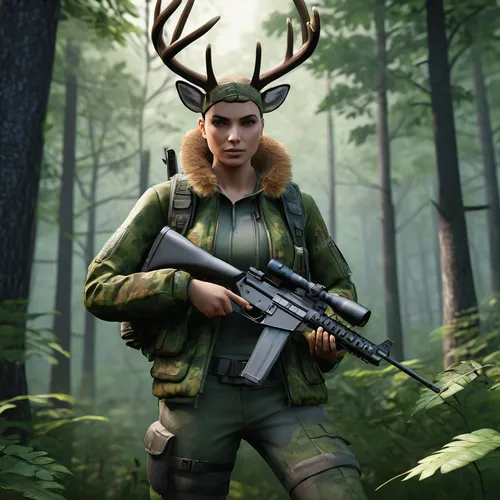 gaming console, PS4, hunting simulator, realistic graphics, detailed forest environment, dynamic weather, rain, fog, hunter character, camouflage outfit, holding rifle, aiming stance, deer in sight, l