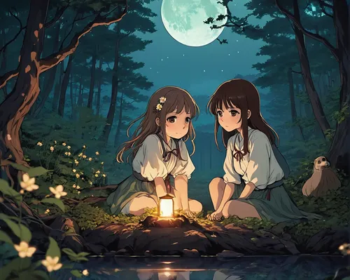 romantic night,night-blooming jasmine,moonlit night,fireflies,tea-lights,the night of kupala,romantic scene,fairy lanterns,campfire,night scene,my neighbor totoro,lanterns,moonlight,moonlit,moon and star,moon night,studio ghibli,the moon and the stars,two girls,idyll,Photography,Artistic Photography,Artistic Photography 14