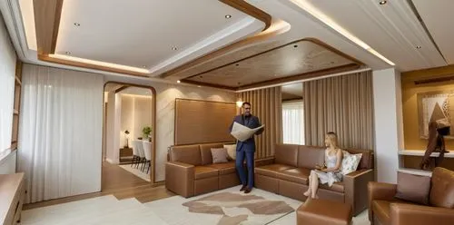 Minimalist style Living room scene with a modern family sitting on recliner sofas watching TV, man reading news paper, Walls decorated with wooden panel. Ceiling has LED chandeliers and beam which is 