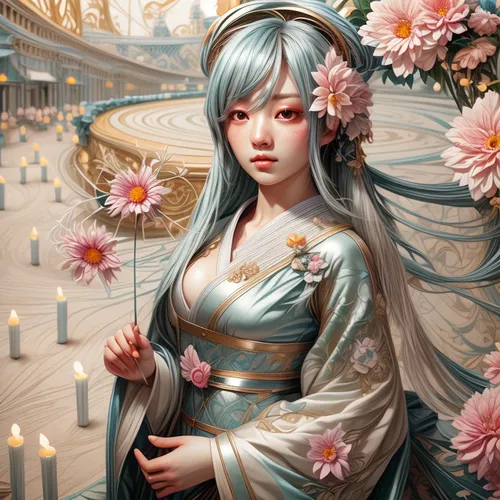 oriental princess,chinese art,lily of the field,white blossom,fantasy portrait,jasmine blossom,japanese art,oriental girl,plum blossoms,sakura blossom,japanese sakura background,zodiac sign libra,plum blossom,flower fairy,girl in flowers,geisha,sacred lotus,hatsune miku,holding flowers,elven flower