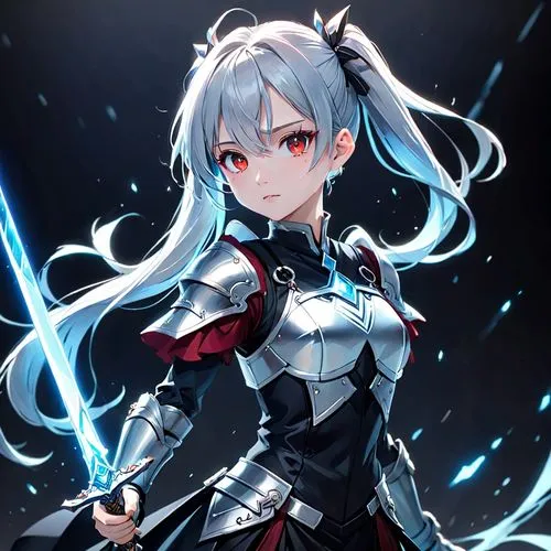 a female warrior character in a fantasy style. The character has pale, almost white skin and striking red eyes. Her hair is long, flowing, and light blue, styled into two high ponytails with glowing t