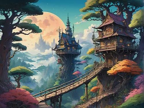 fantasy landscape,tree house,treehouse,studio ghibli,tree house hotel,fairy tale castle,house in the forest,fairy chimney,fantasy city,fantasy world,fairy village,fantasy picture,bird kingdom,3d fantasy,fairytale castle,witch's house,cartoon forest,hanging houses,home landscape,mountain settlement,Art,Classical Oil Painting,Classical Oil Painting 03