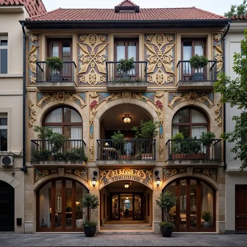 Ornate Baroque hostel facade, grandiose entrance, rustic stone walls, intricately carved wooden doors, ornamental metalwork, vibrant colorful frescoes, majestic arches, balconies with wrought iron rai