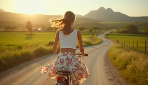 

A candid and spontaneous photograph of a woman riding a bicycle on a picturesque rural road. Seen from behind, she wears a whitesleeveless crop-top and a floral skirt that billows in the wind. The s