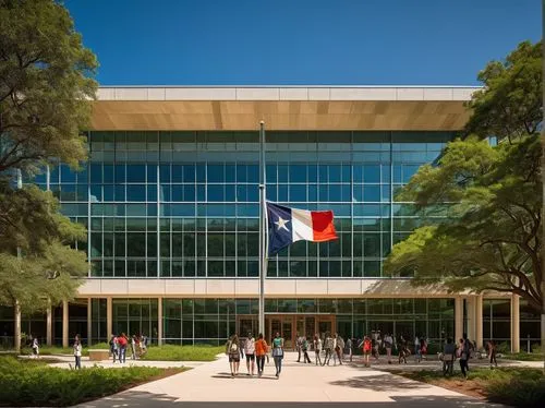 UT Austin campus, architectural engineering building, modern design, glass facade, steel frame structure, large windows, natural light, courtyard with lush greenery, students walking in the background