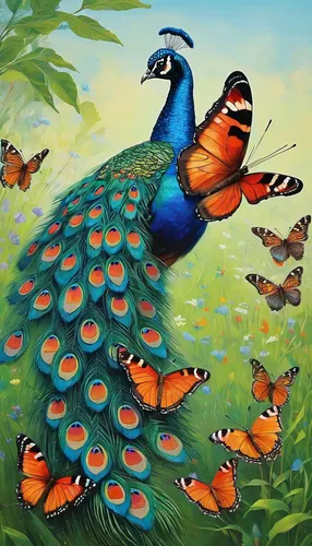 Describe the beautiful peacock butterflies fluttering in a peaceful meadow.,fairy peacock,peacock,peacock butterflies,male peacock,blue peacock,peacock butterfly,bird painting,mandarinfish,indigenous 