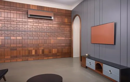 patterned wood decoration,recreation room,modern decor,contemporary decor,mid century modern,tv cabinet,mid century house,wooden wall,bonus room,tiled wall,home theater system,television set,laundry r