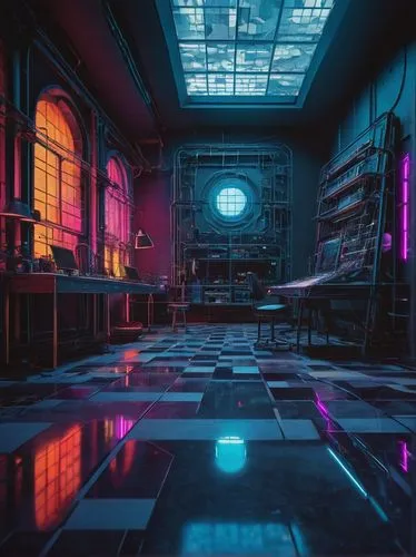 retro diner,blue room,ufo interior,cyberpunk,aesthetic,80s,aqua studio,floors,checkered floor,abandoned room,abstract retro,vapor,nightclub,interiors,computer room,arcade,retro styled,mute,empty hall,3d render,Illustration,Paper based,Paper Based 23