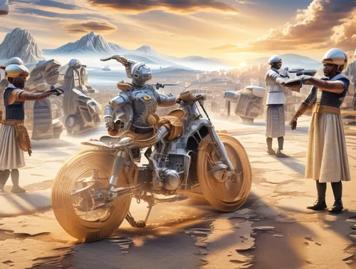 motorcycles,biblical narrative characters,afar tribe,orientalism,camel caravan,chariot racing,digital compositing,fantasy picture,zoroastrian novruz,pharaonic,world digital painting,motorcycling,burning man,motorcycle tour,dead sea scroll,fantasy art,trumpet of jericho,salt harvesting,motorcycle tours,ancient parade