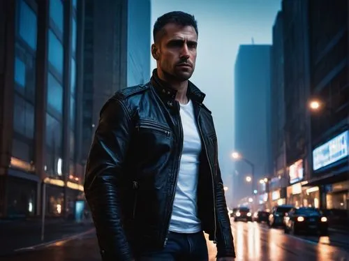 Arik Tharanis, mature man, 30s, muscular physique, short brown hair, stubble, strong jawline, blue eyes, serious expression, black leather jacket, white shirt, dark jeans, combat boots, standing, city