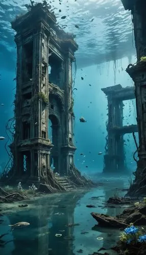 sunken church,underwater playground,underwater landscape,abandoned place,house of the sea,sunken ship,ocean underwater,submerged,atlantis,underwater oasis,underwater background,ocean floor,atlantik,abandoned places,aquarium,cube sea,atlantica,waterworld,undersea,shipwreck,Conceptual Art,Fantasy,Fantasy 33