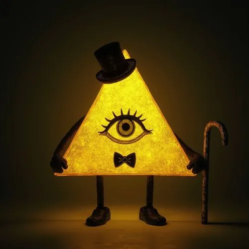 Glowing yellow triangular illuminati eye pyramid with black legs and black arms with bow tie with top hat holding a cane
,a lamp with an eye inside and a cane,illuminati,masonic,lamp,master lamp,illum