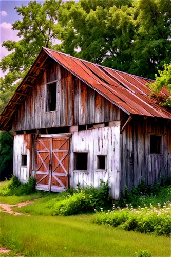 Abandoned barn, rural landscape, old wooden structure, rusty metal roof, broken doors, overgrown with weeds, vines crawling up walls, worn-out hayloft, dim natural light, soft focus, warm color tone, 