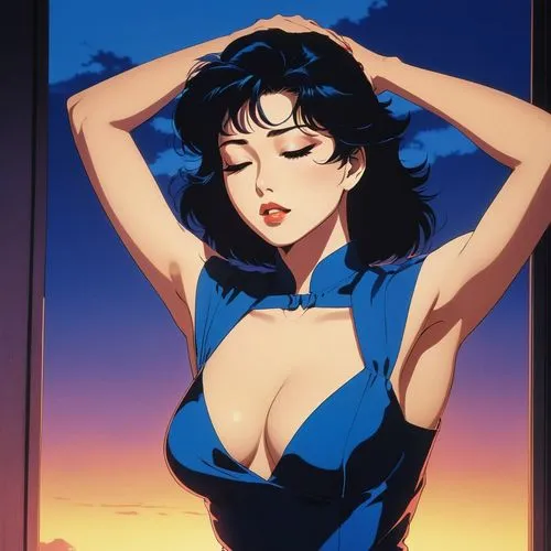 Create an intense and evocative portrait in the retro Japanese anime style of the 80s and 90s. The scene shows a woman bathed in deep blue light, leaning against a wall with her arms raised and her ey