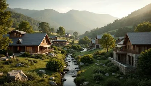 Rustic village, rolling hills, lush greenery, meandering streams, traditional vernacular architecture, earthy tones, natural stone walls, wooden accents, curved lines, organic forms, blending with sur