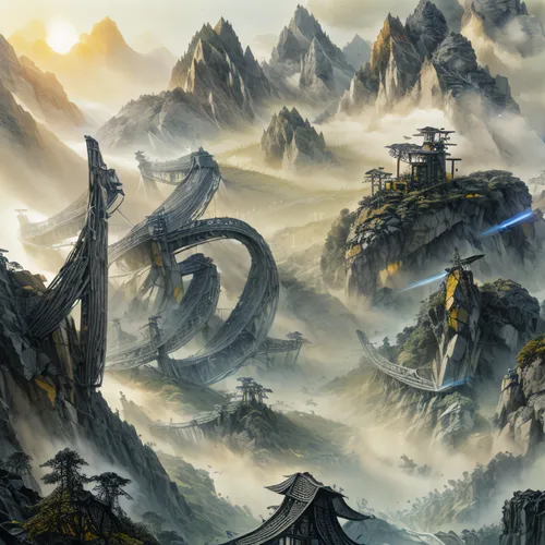 fantasy landscape,futuristic landscape,fantasy picture,mountainous landscape,heroic fantasy,sci fiction illustration,fantasy art,dragon li,xing yi quan,tigers nest,imperial shores,world digital painting,mountain world,guards of the canyon,5 dragon peak,terraforming,cg artwork,mountainous landforms,mountain landscape,mountain settlement