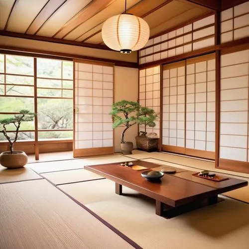 Contemporary Japanese interior, minimalist, low seating, tatami floor, shoji screens, paper lanterns, natural wood accents, sliding doors, traditional Japanese patterns, subtle lighting, warm beige to